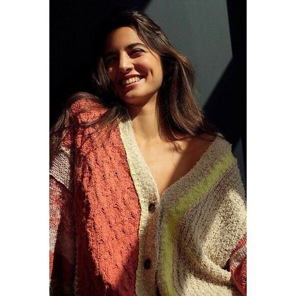 NWT FREE PEOPLE Sz S LIGHTHOUSE CARDI CARDIGAN SWEATER CLAY COMBO - Picture 2 of 4
